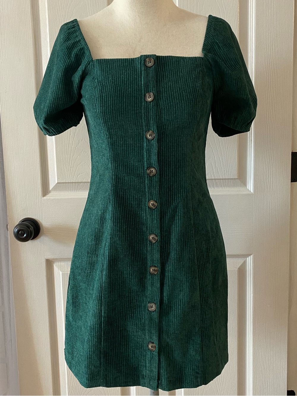 Urban Outfitters Dark Green Corduroy Mini Dress Puff Sleeves Button Up Size S•P